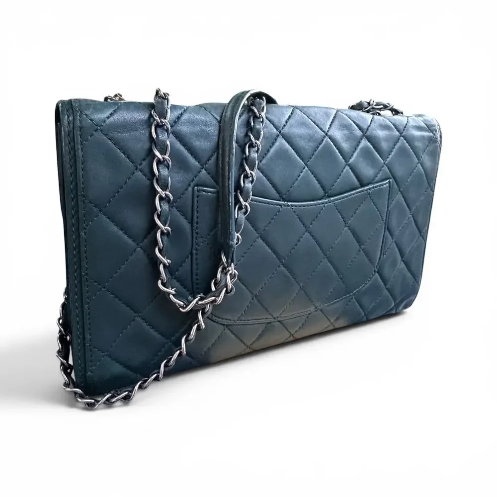 Chanel Classic Flap Jumbo Accordion Dark Green Lambskin Silver Hardware w/ COA